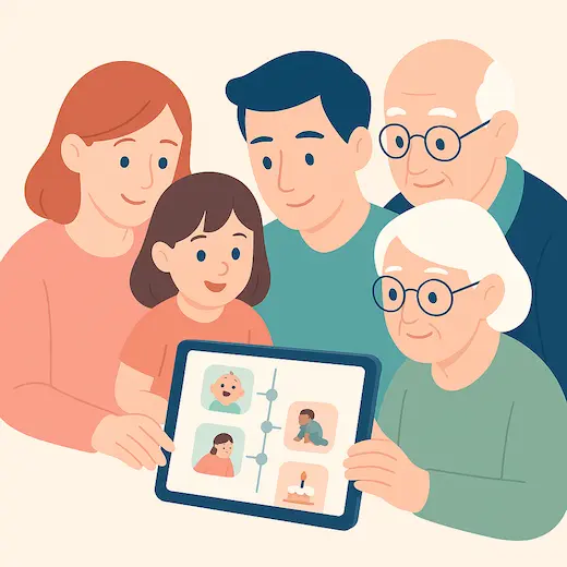 Familie schaut gemeinsam auf eine private Foto-Timeline