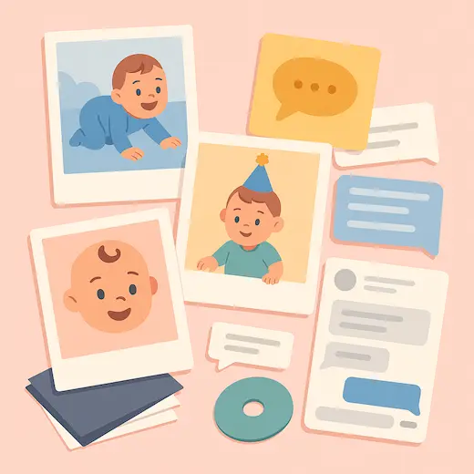 Symbolbild: zerstreute Babyfotos aus verschiedenen Quellen und Chat-Verläufen